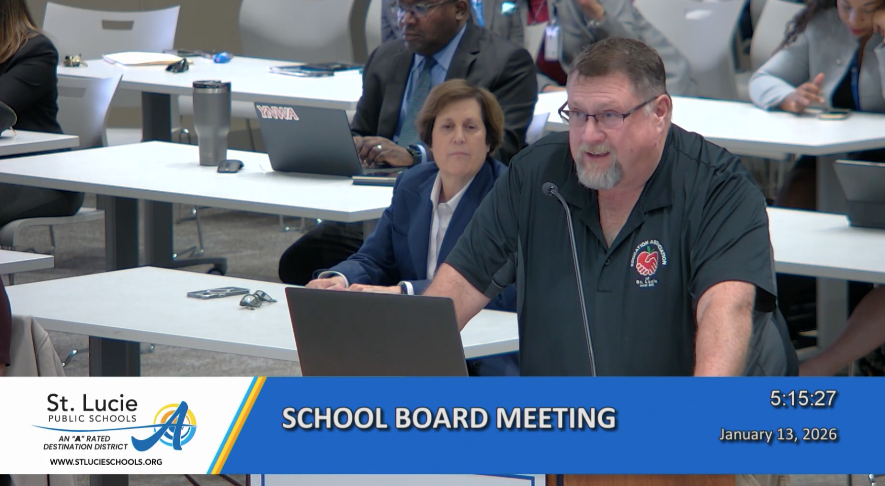 EASL President addressing the St. Lucie County School Board on January 13, 2026